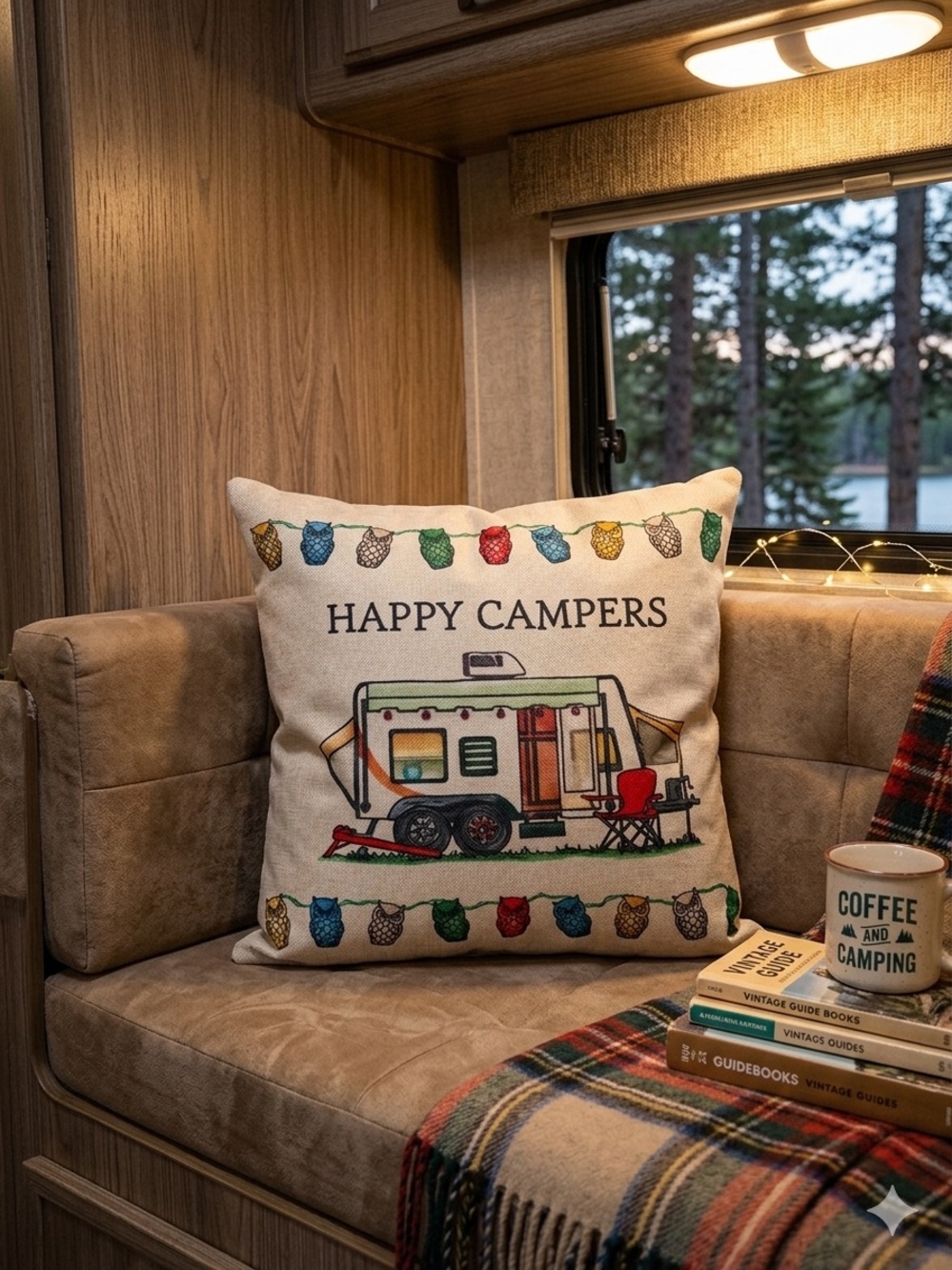 Happy Campers Decorative Throw Pillow - Beige Camper Design